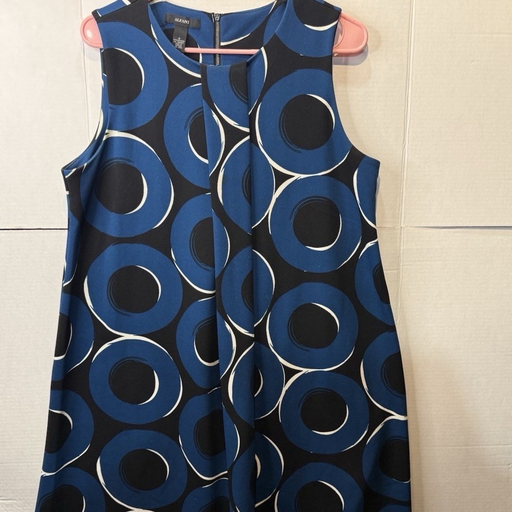 Alfani Women's Size 6 Teal Black Circle Print Sheath Dress Pleat Front Retro Zip - Picture 5 of 12